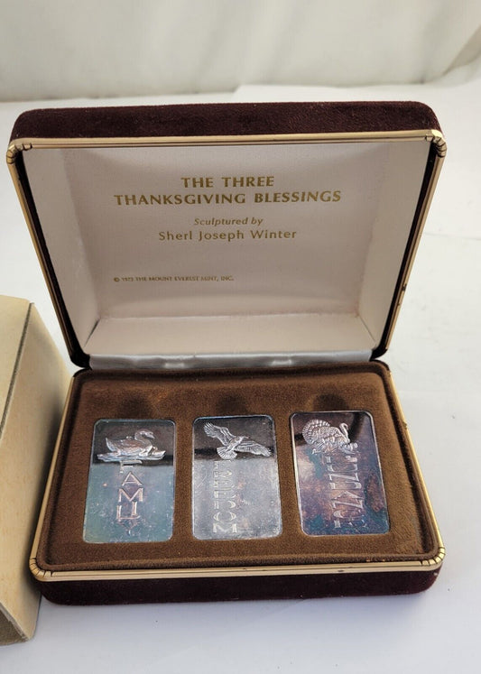 1973 Mount Everest Mint 3oz. Thanksgiving Blessings Silver Set .999 Fine Boxed