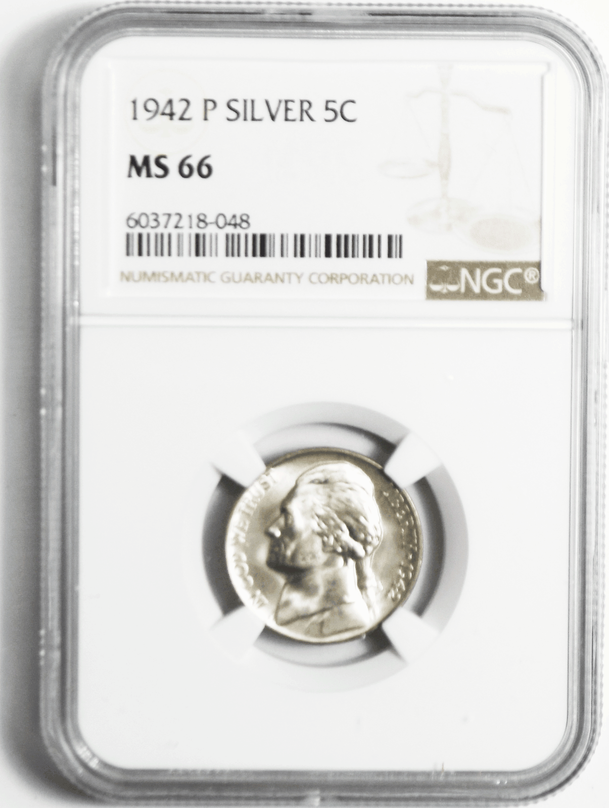 1942 P/P 5c Jefferson Silver War Time Nickel Five Cents NGC MS66 VP-005