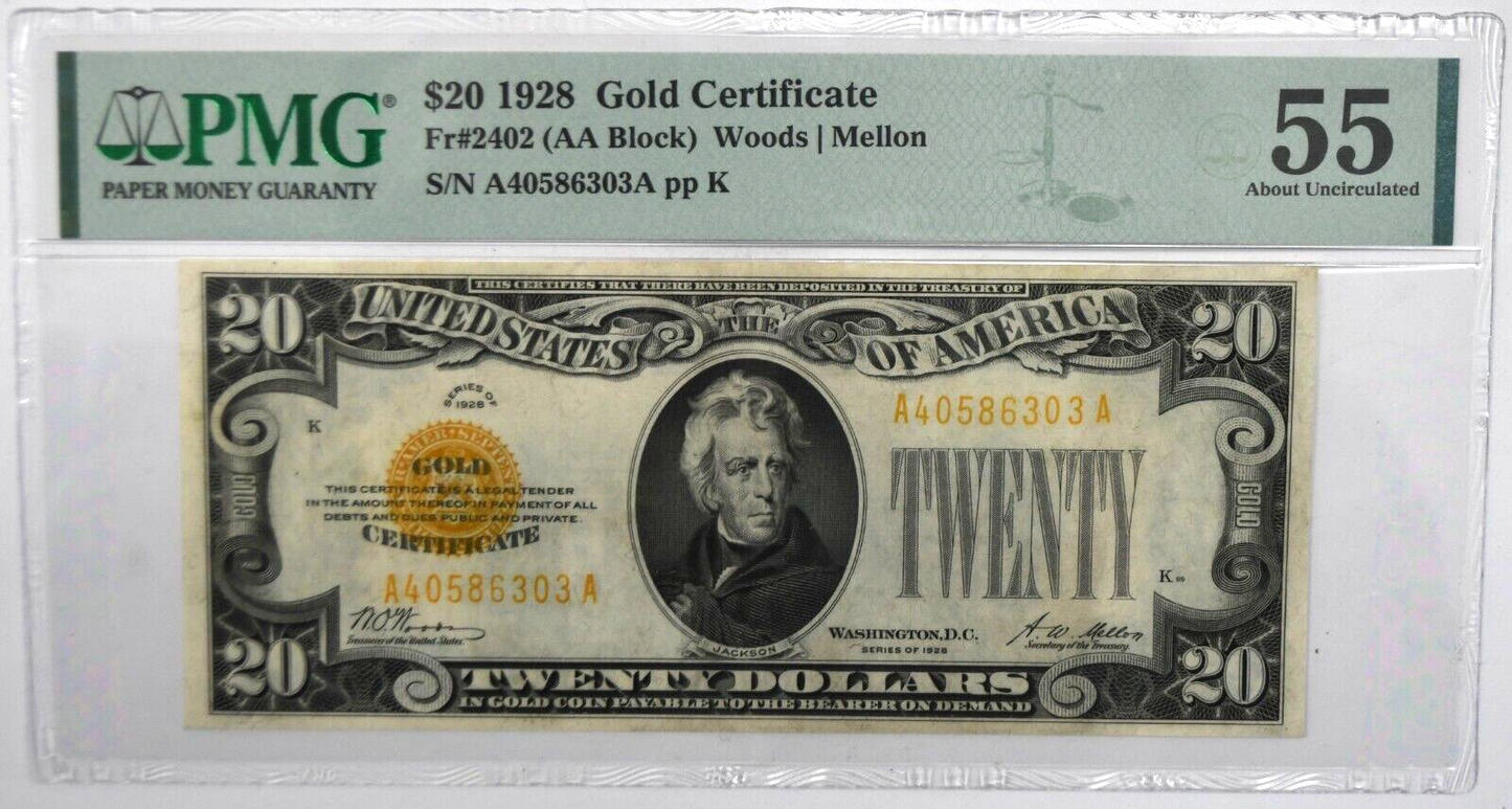 1928 $20 Twenty Dollars Gold Certificate A40586303A Fr#2402 PMG AU 55