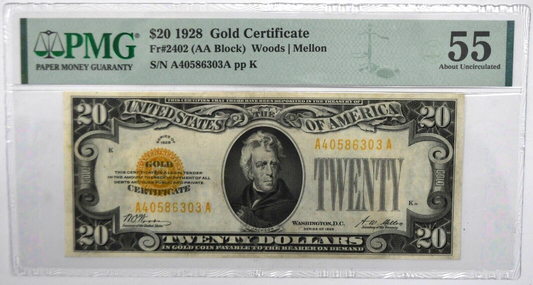 1928 $20 Twenty Dollars Gold Certificate A40586303A Fr#2402 PMG AU 55