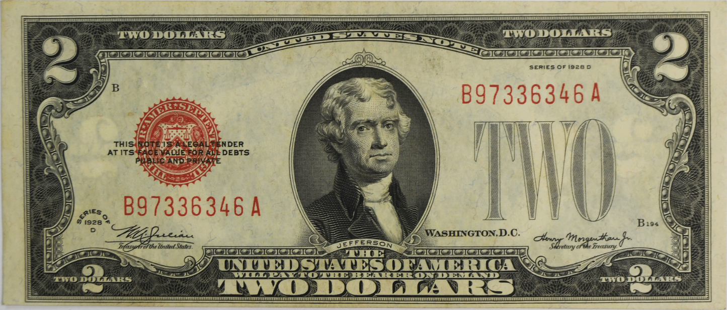 1928 D $2 Two Dollars Legal Tender Red Seal Note Mule B97336346A