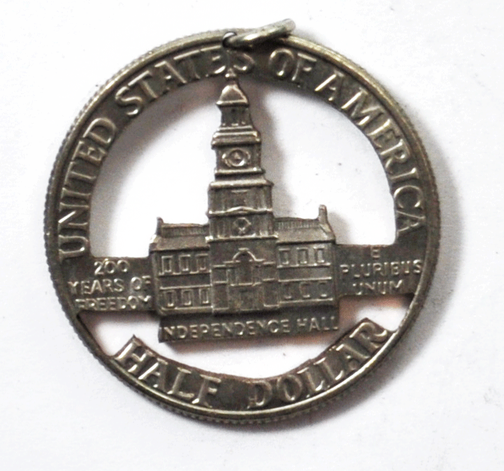 Kennedy 50c Half Dollar 1976 D Independence Hall Cut Out Pendant Charm