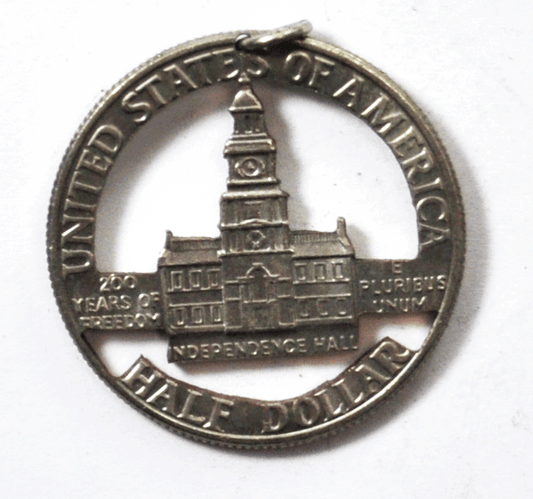 Kennedy 50c Half Dollar 1976 D Independence Hall Cut Out Pendant Charm