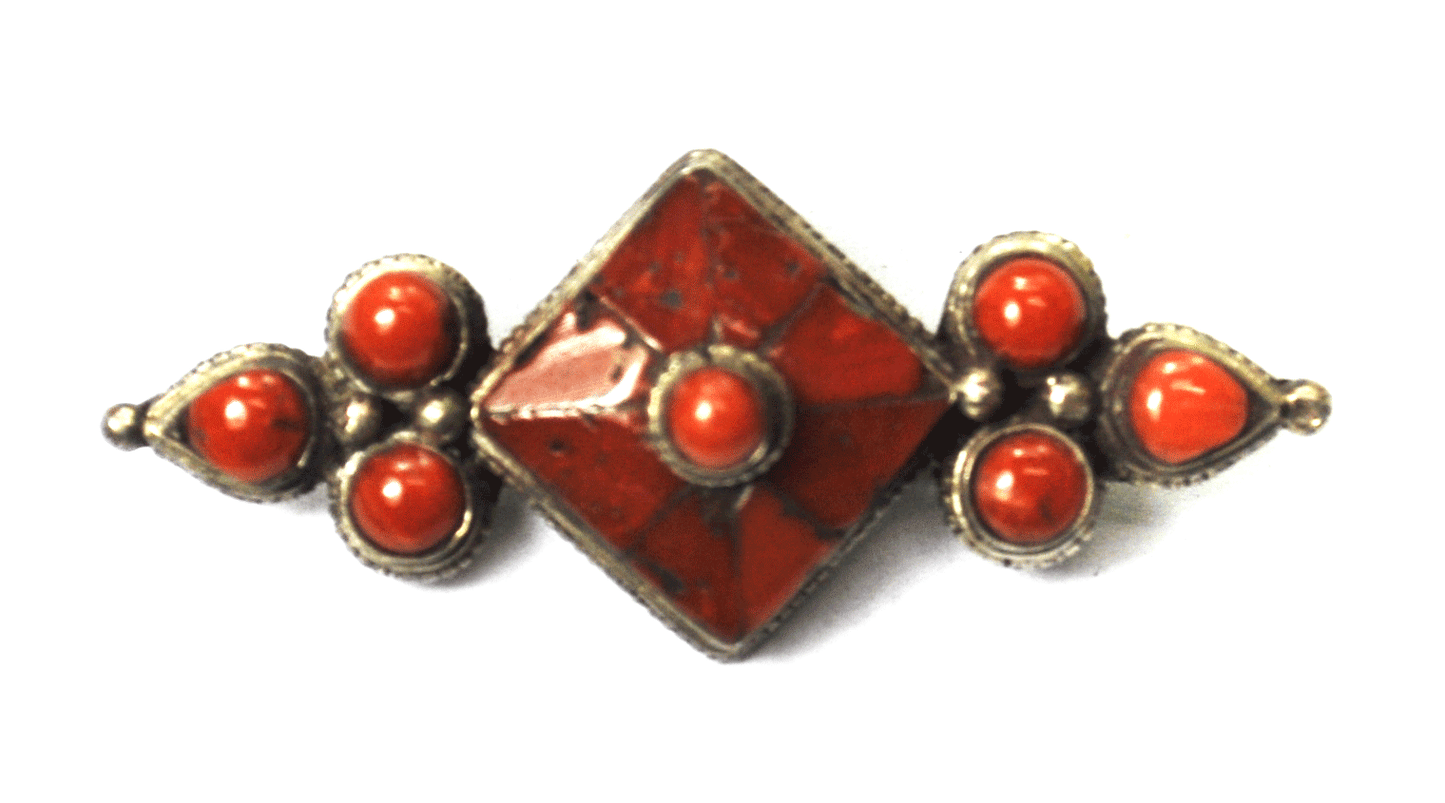 Elegant Sterling Silver Dark Orange Natural Coral Inlay Dot Brooch Pin 2" x 20mm