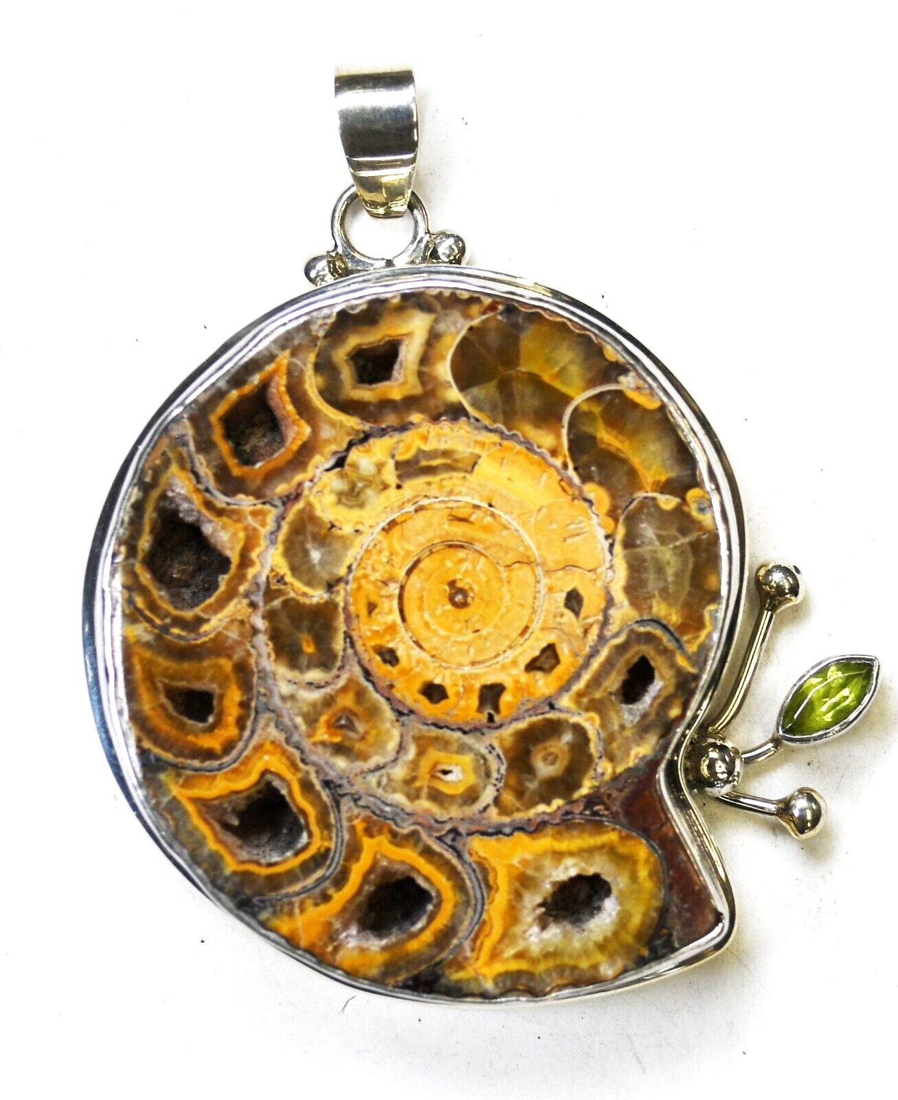 Sterling Silver Druzy Quartz Shell Peridot Pendant 66mm x 54mm