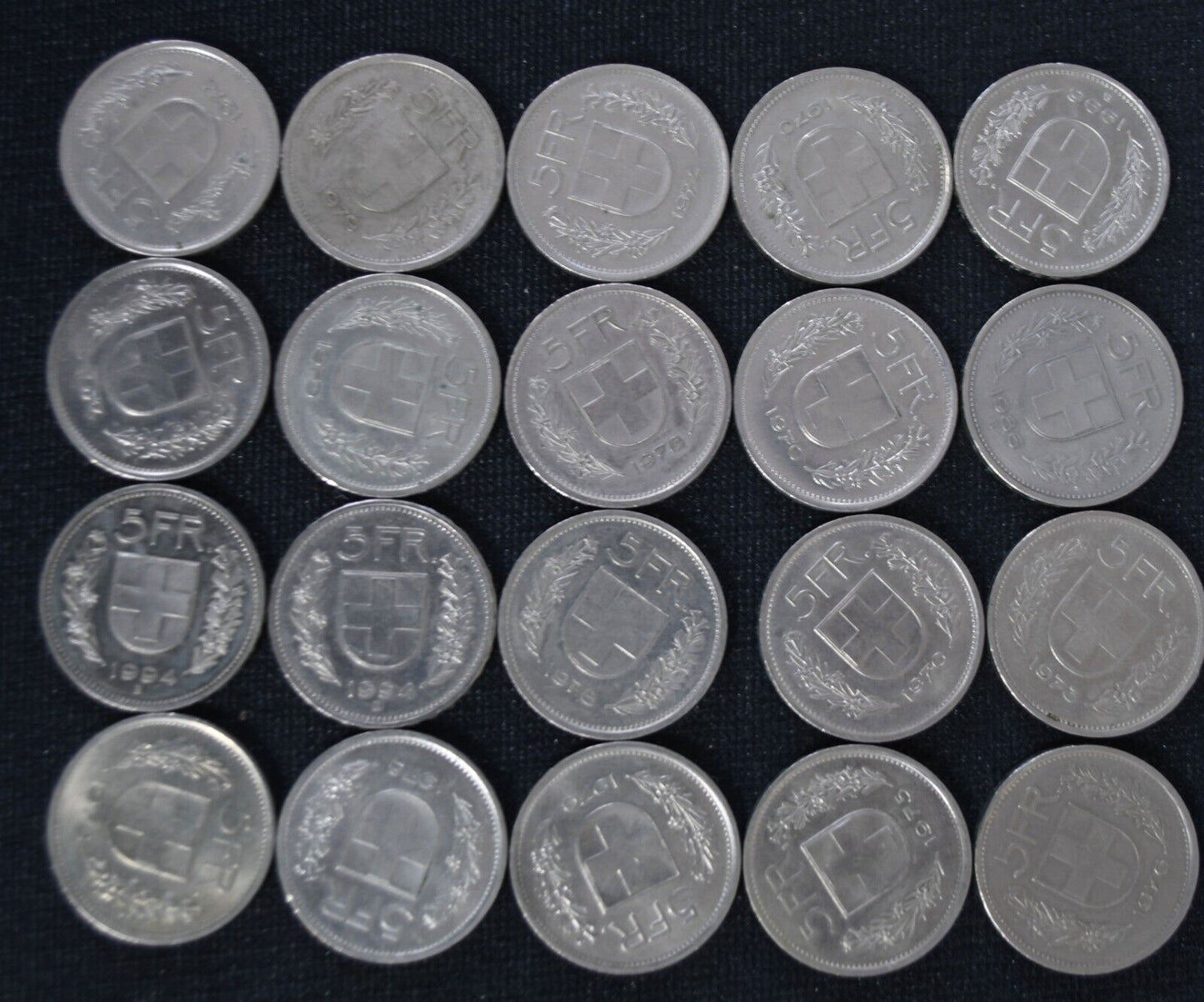 20pc Switzerland 5 Five Franc Coin Lot 1970-1996