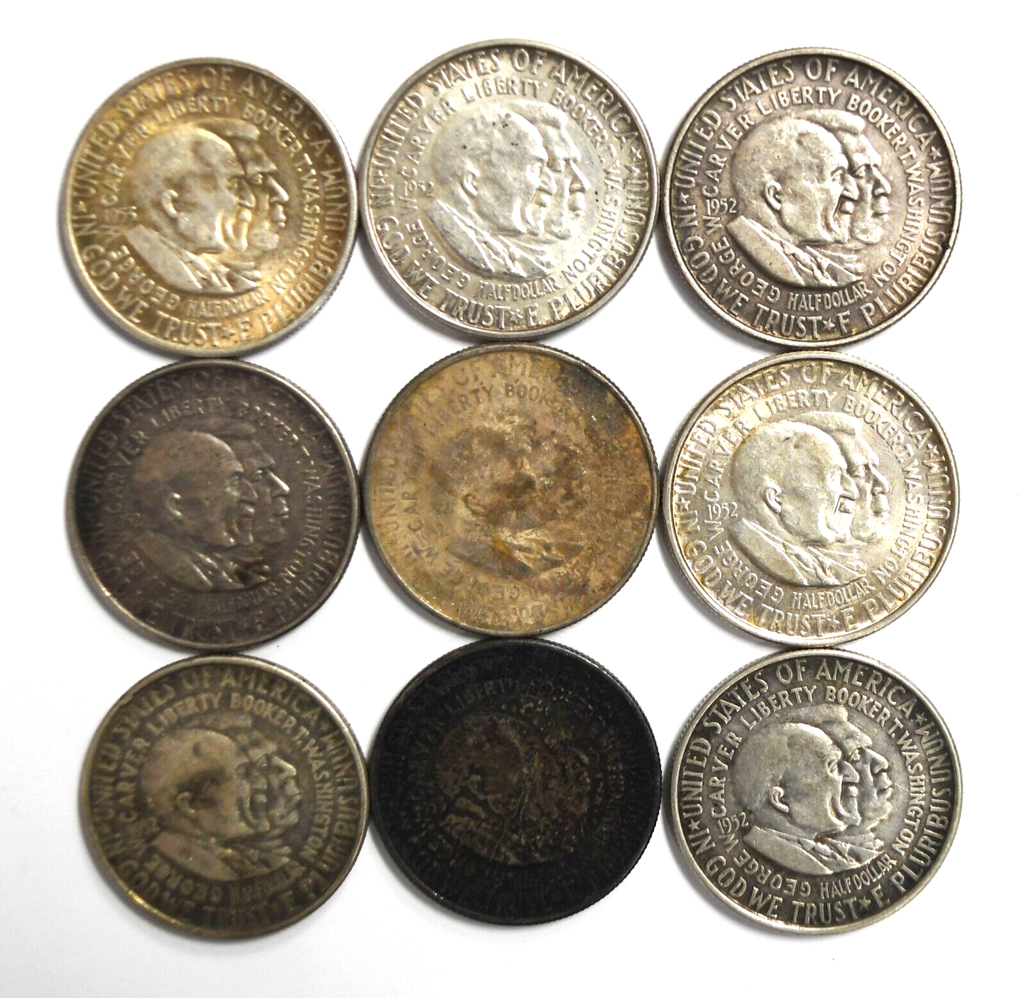 9pc 1952 & 1953 Washington Carver Half Dollar 50c Commemorative Silver Coins