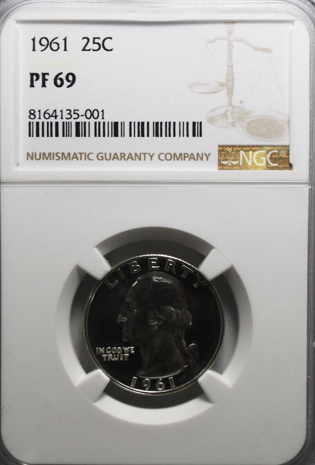 1961 25c Washington Proof Silver Quarter Dollar NGC PF69