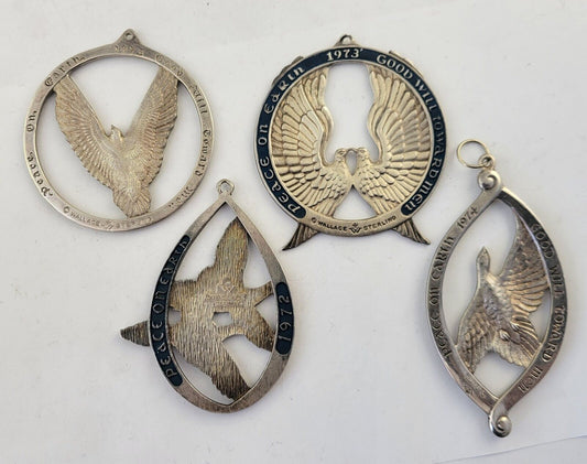 Vintage 1970s Wallace Sterling Silver Peace On Earth Ornaments 3.6oz. Doves 4pc.