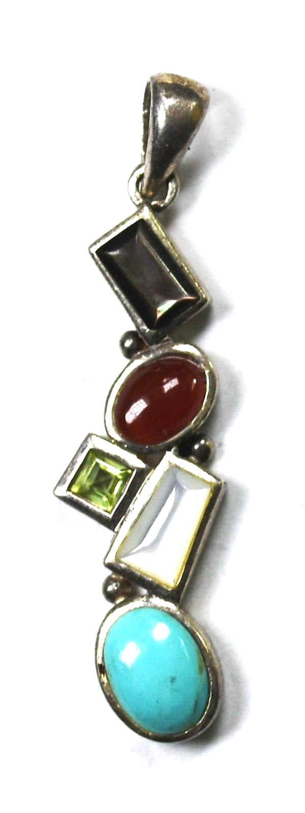 Sterling Silver Turquoise MOP Peridot Tiered Geometric Pendant 40mm x 11mm