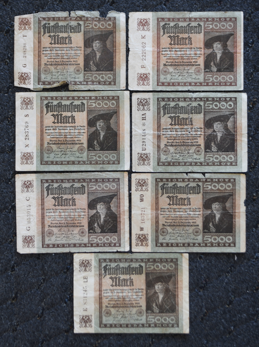 7-  1922 Germany 5,000 Five Thousand Mark Reichsbanknotes 4th Issue