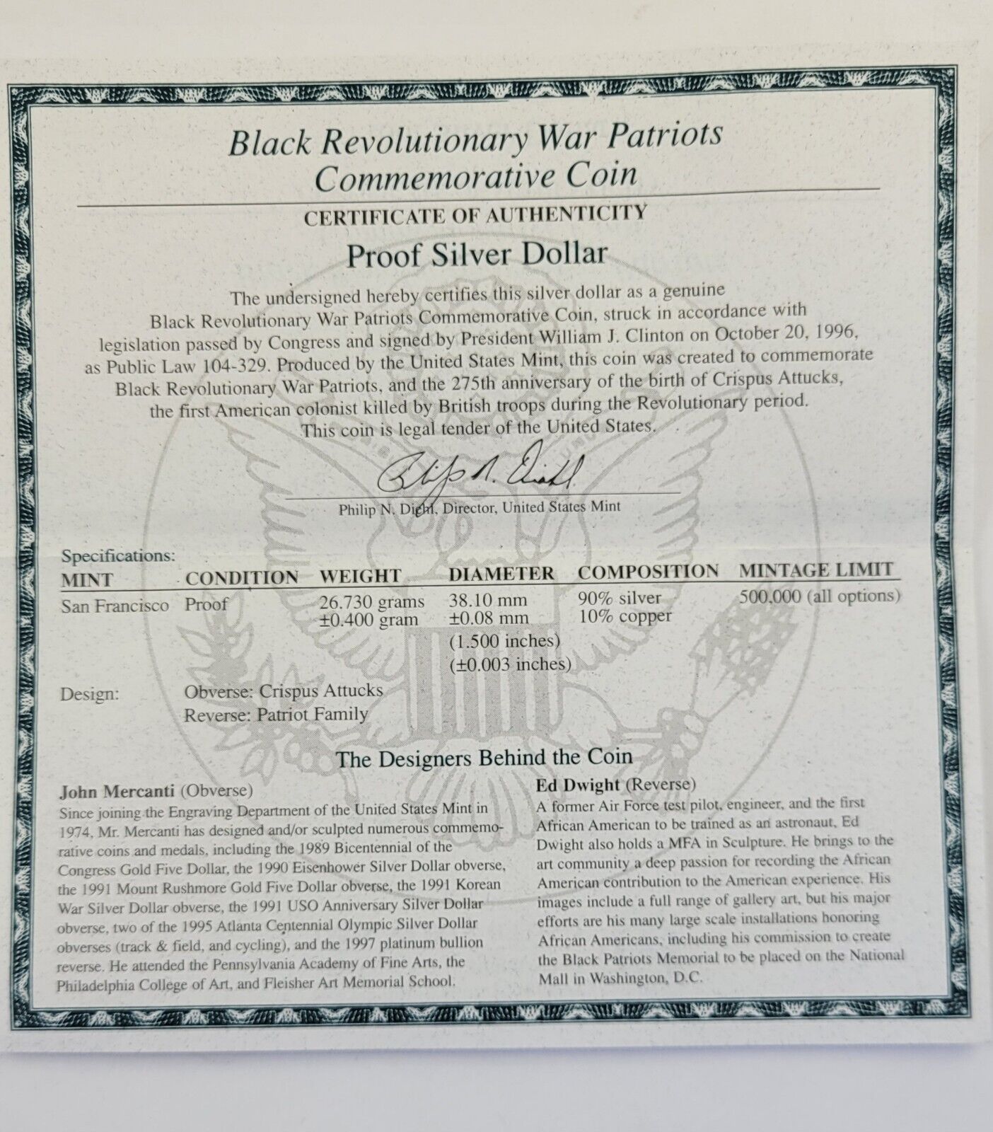 1998 S Black Revolutionary War Patriots Commemorative Silver Dollar Proof Coin