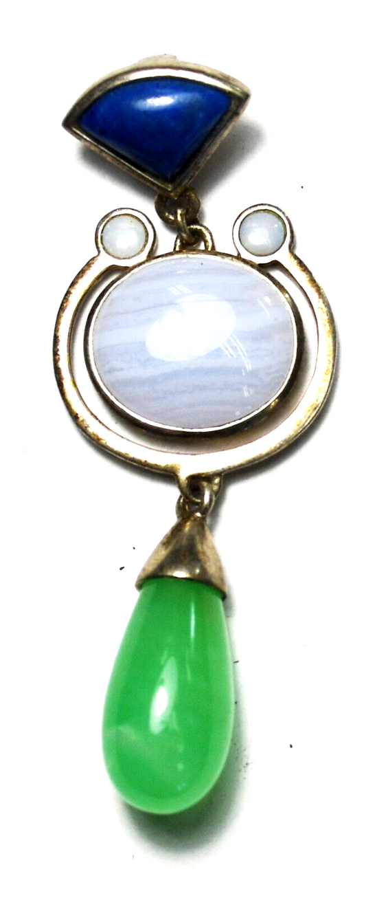 Sterling Whitney Kelly Jade Lace Agate Lapis Opal Dangle Pendant 2.25" x 20mm