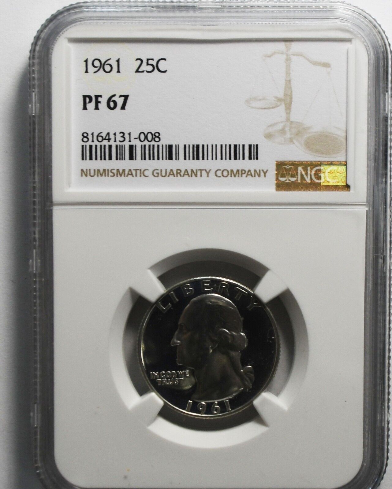 1961 25c Washington Proof Silver Quarter Dollar NGC PF67