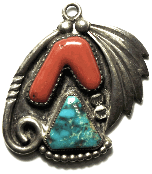 Sterling Silver LT Coral Turquoise Pendant 38mm x 35mm
