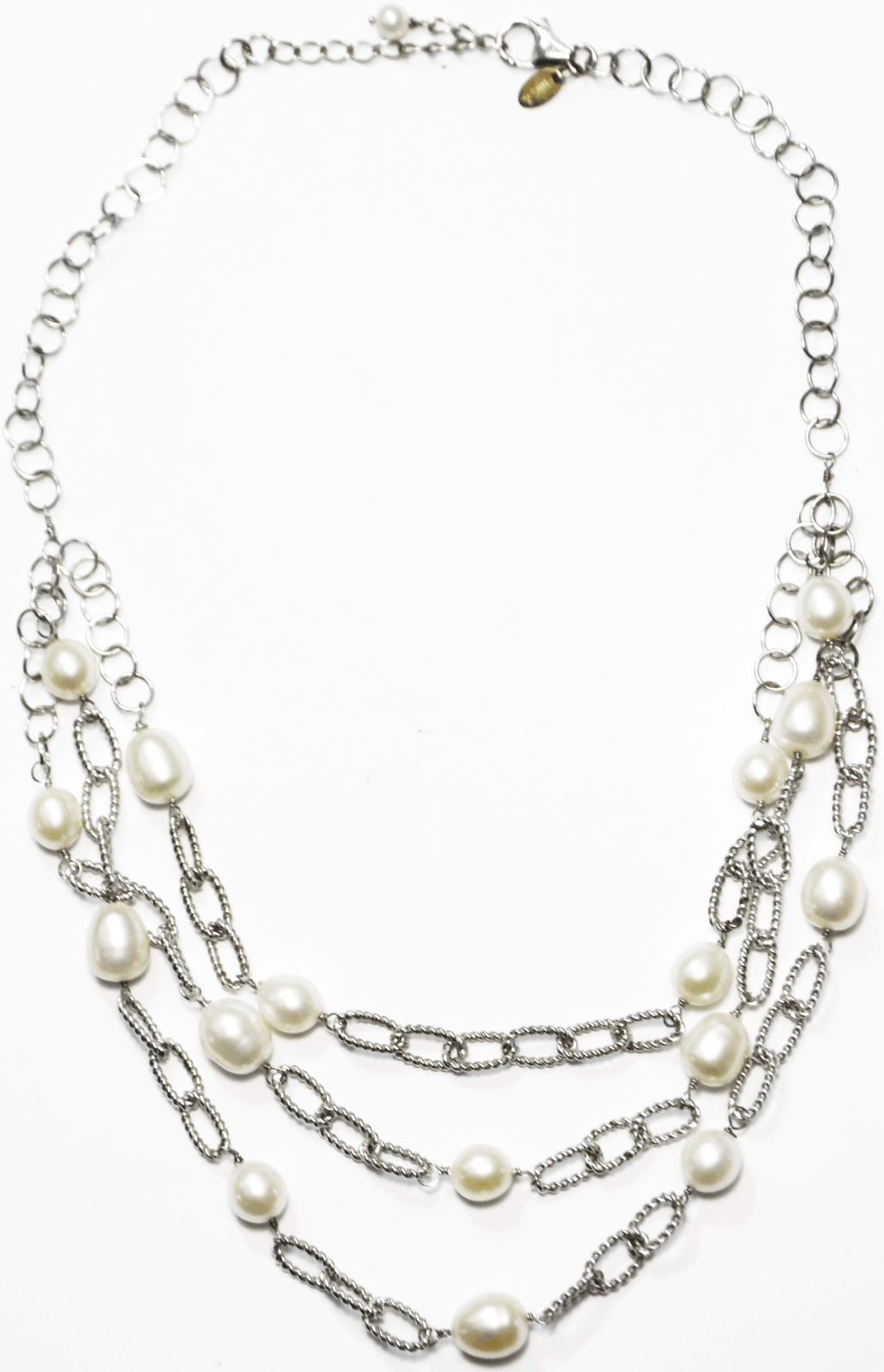 Sterling VVV 3 Tier 6mm Striped Chain 9mm Pearl Necklace 18"  37g