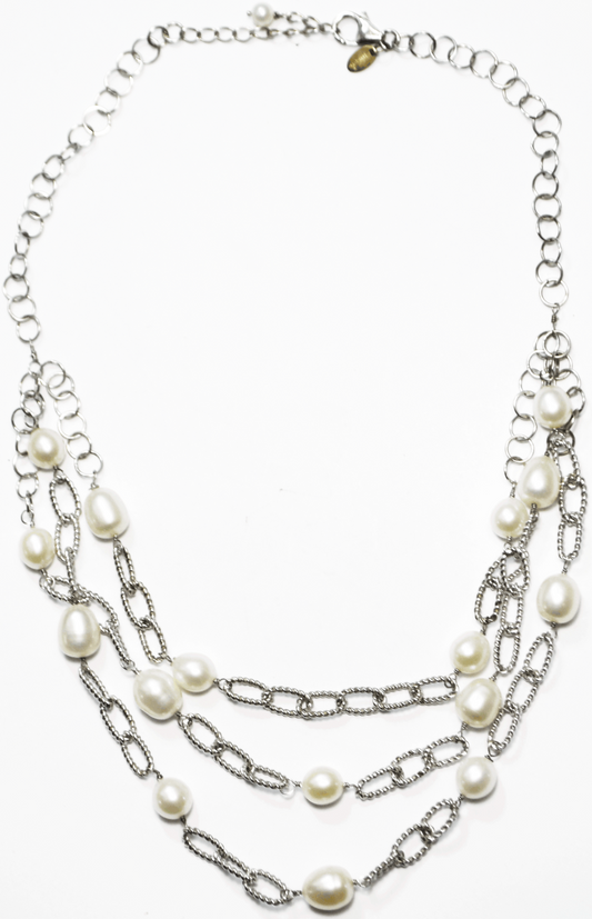 Sterling VVV 3 Tier 6mm Striped Chain 9mm Pearl Necklace 18"  37g