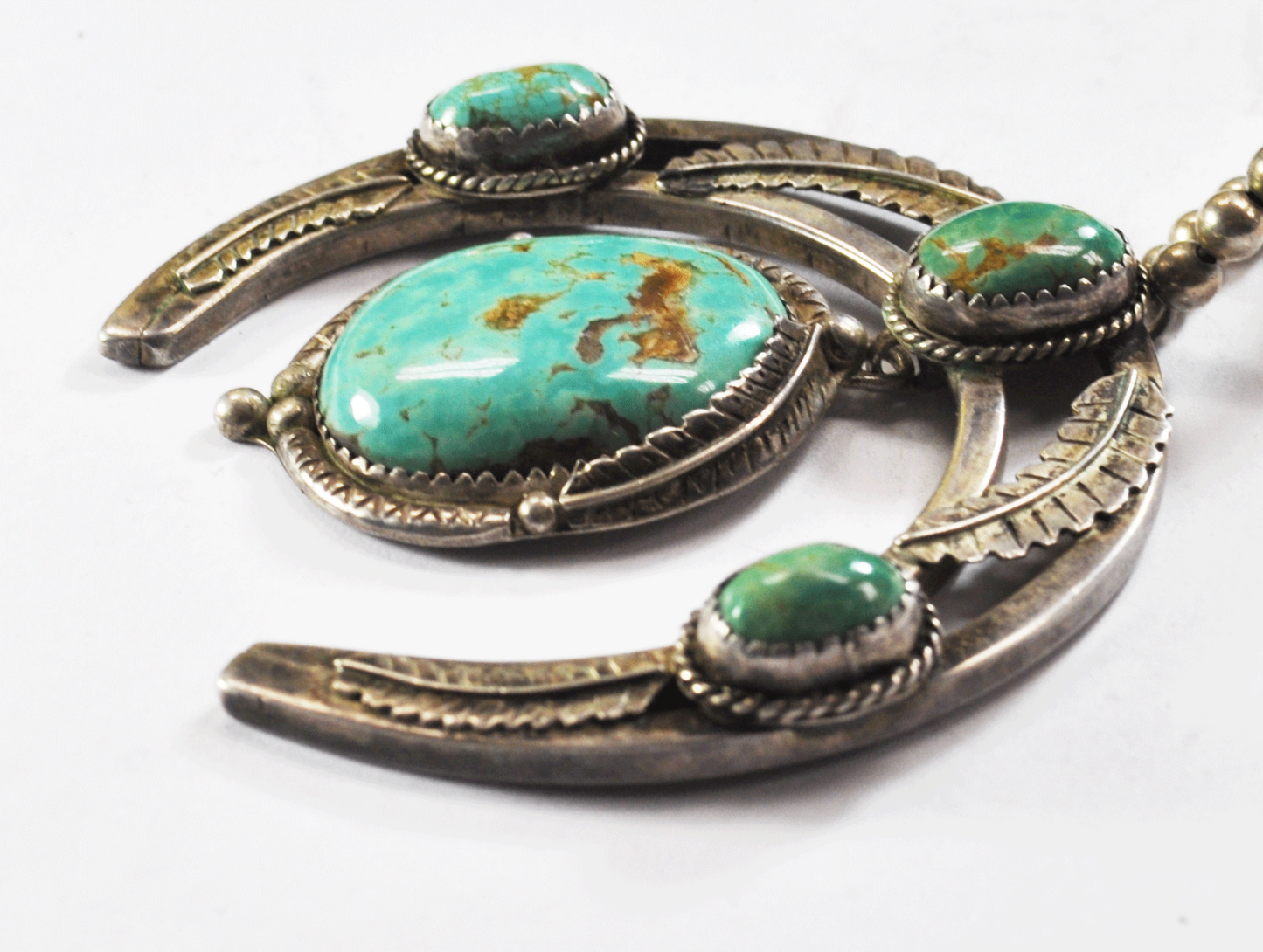 Sterling AVN Turquoise Squash Blossom 5mm Bead 26" Necklace 2-3/4" x 2-7/8" Naja