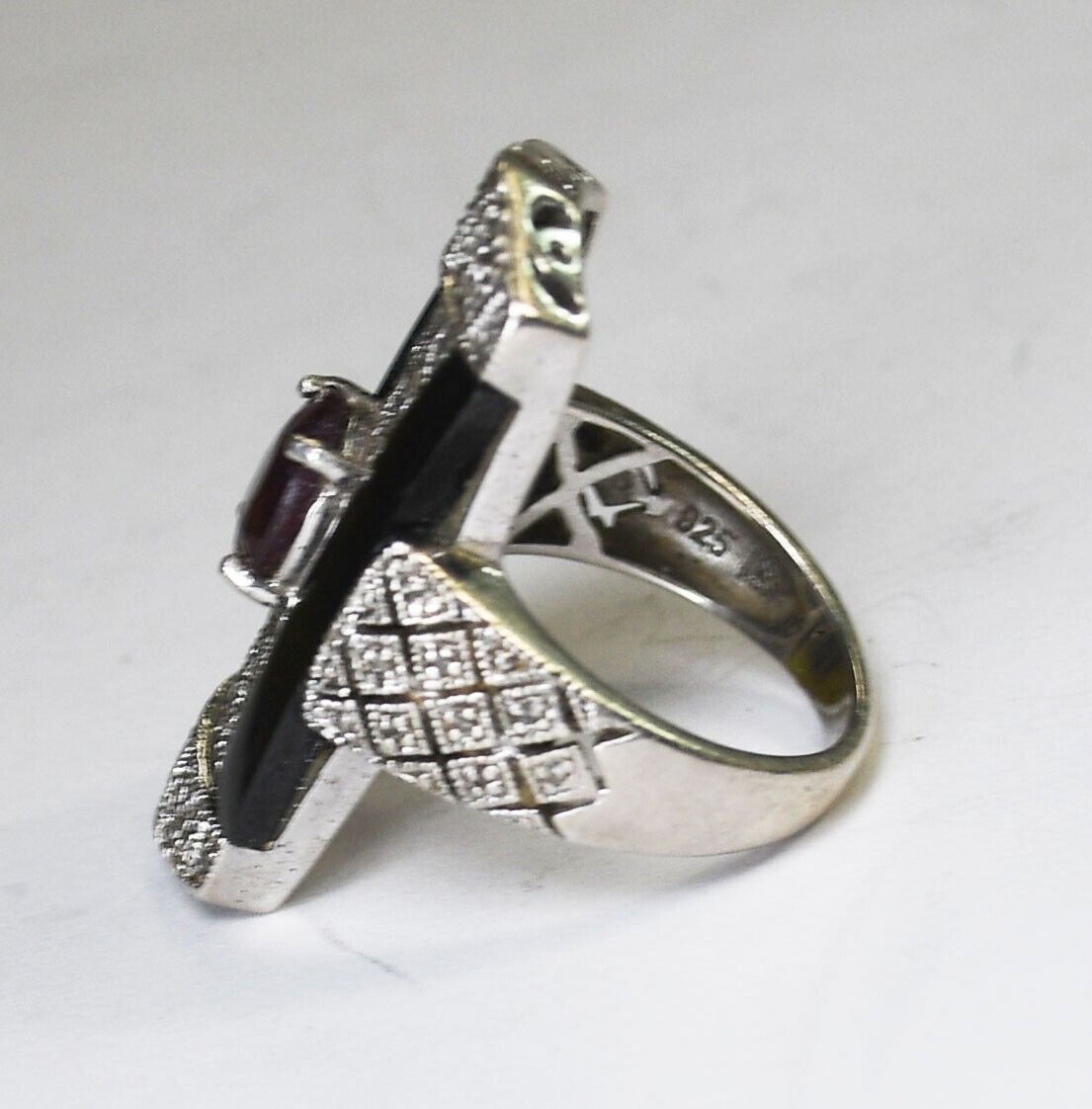 Sterling Silver Onyx CZ Garnet Filigree Ring 30mm Size 6