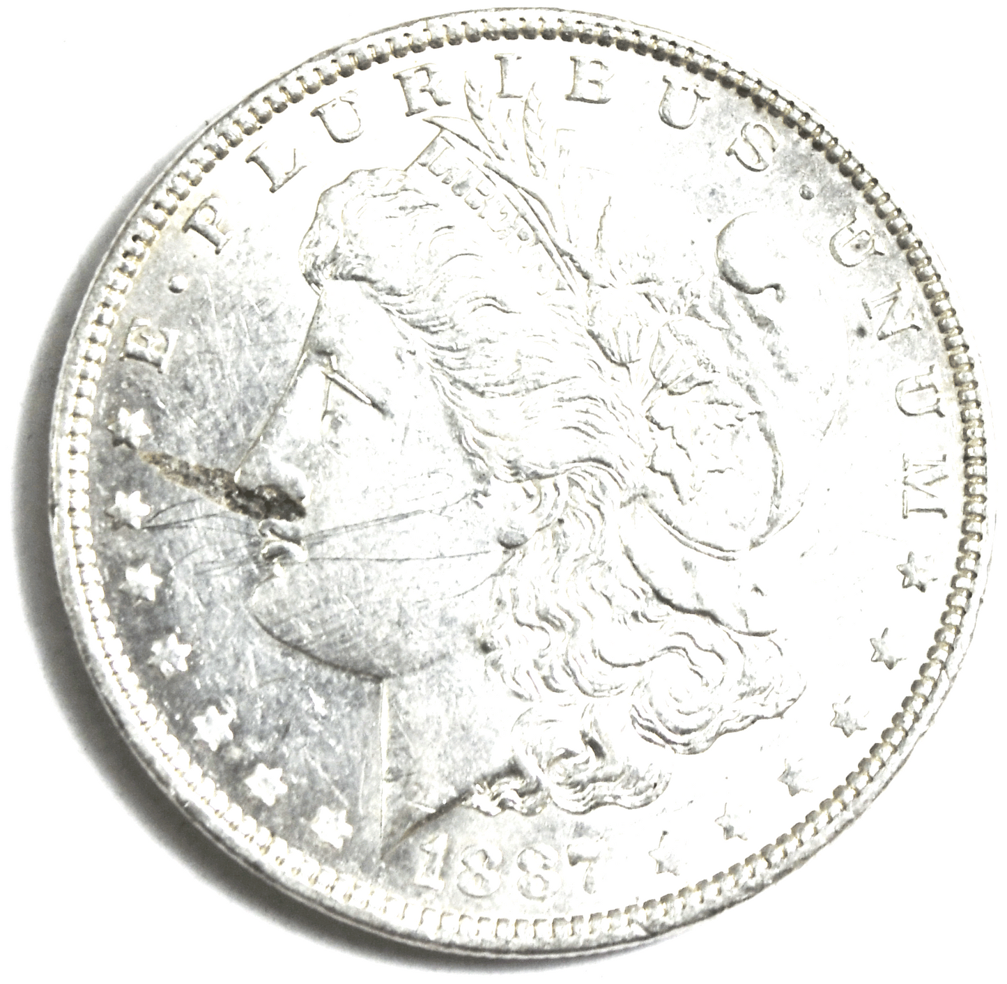 1887 $1 Morgan American Silver One Dollar Philadelphia AU Scratches Lamination