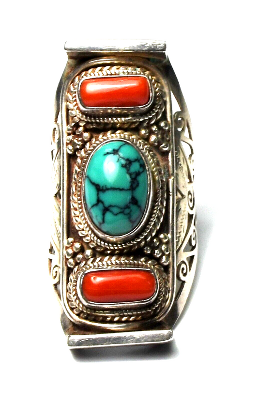 Sterling Turquoise Coral Elongated Filigree Ring 39mm Size 8