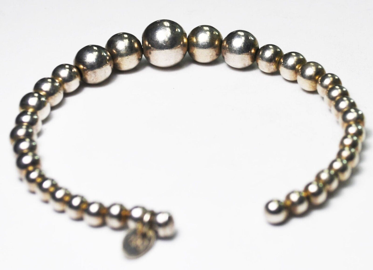 Sterling Signed B Graduated Beaded Cuff Flexible Bracelet 4mm-10mm