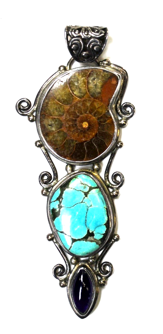 Sterling Silver Turquoise Quartz Shell Amethyst Pendant 3.5" x 37mm