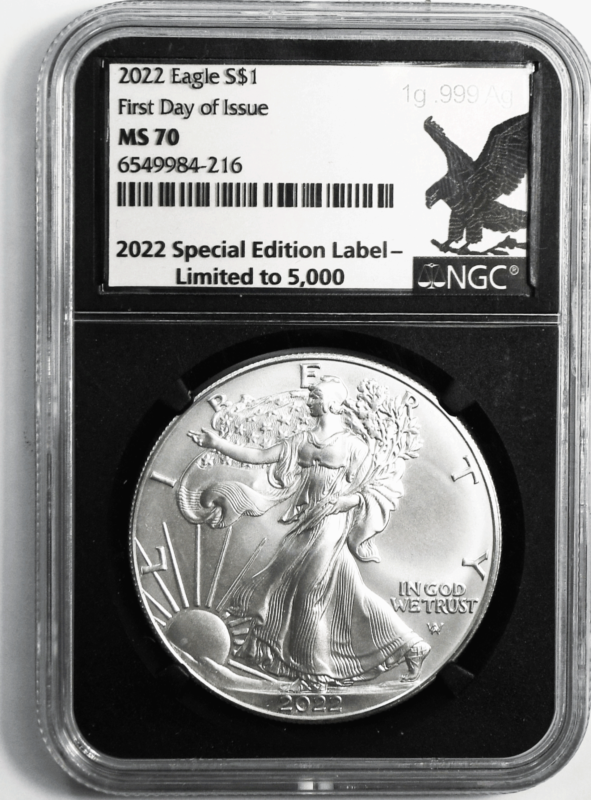 2022 $1 American Silver Eagle 1oz Fine NGC MS70 First Day 1g .999 Label