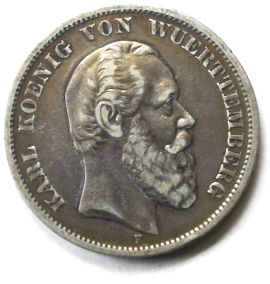 1876 F German States Württemberg Five Marks Silver Coin KM# 623