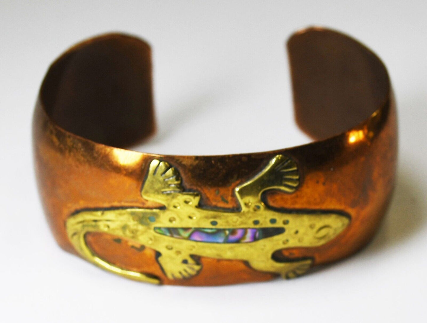 Copper Brass Mexico MOP Salamander Lizard Cuff Bracelet 24mm 6-3/4" Wrist
