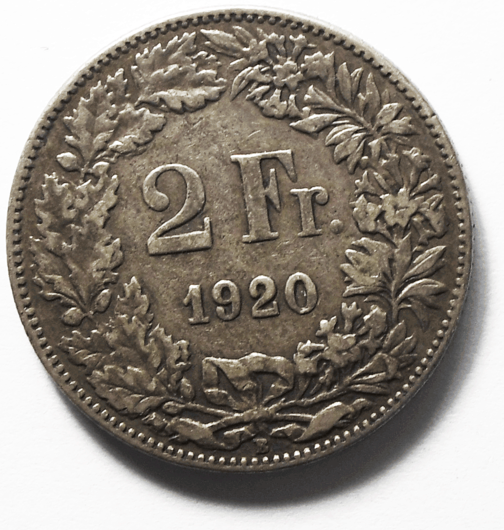 1920 B Switzerland Two 2 Franc Silver Coin KM# 21