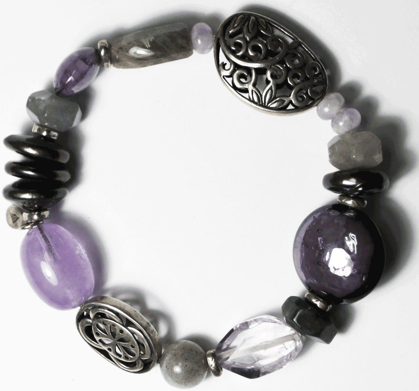 Sterling Silpada Canyon Amethyst Feldspar Pearl Stretch Small Bracelet B2085