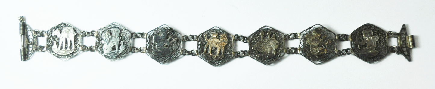 Silver Egyptian Hieroglyphic Lion Camel Pyramid Filigree Bracelet 22mm 7-3/4"
