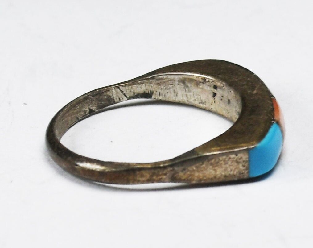 Sterling Silver Vintage Inlay Turquoise MOP Onyx Band 3.5mm Ring Size 4-3/4