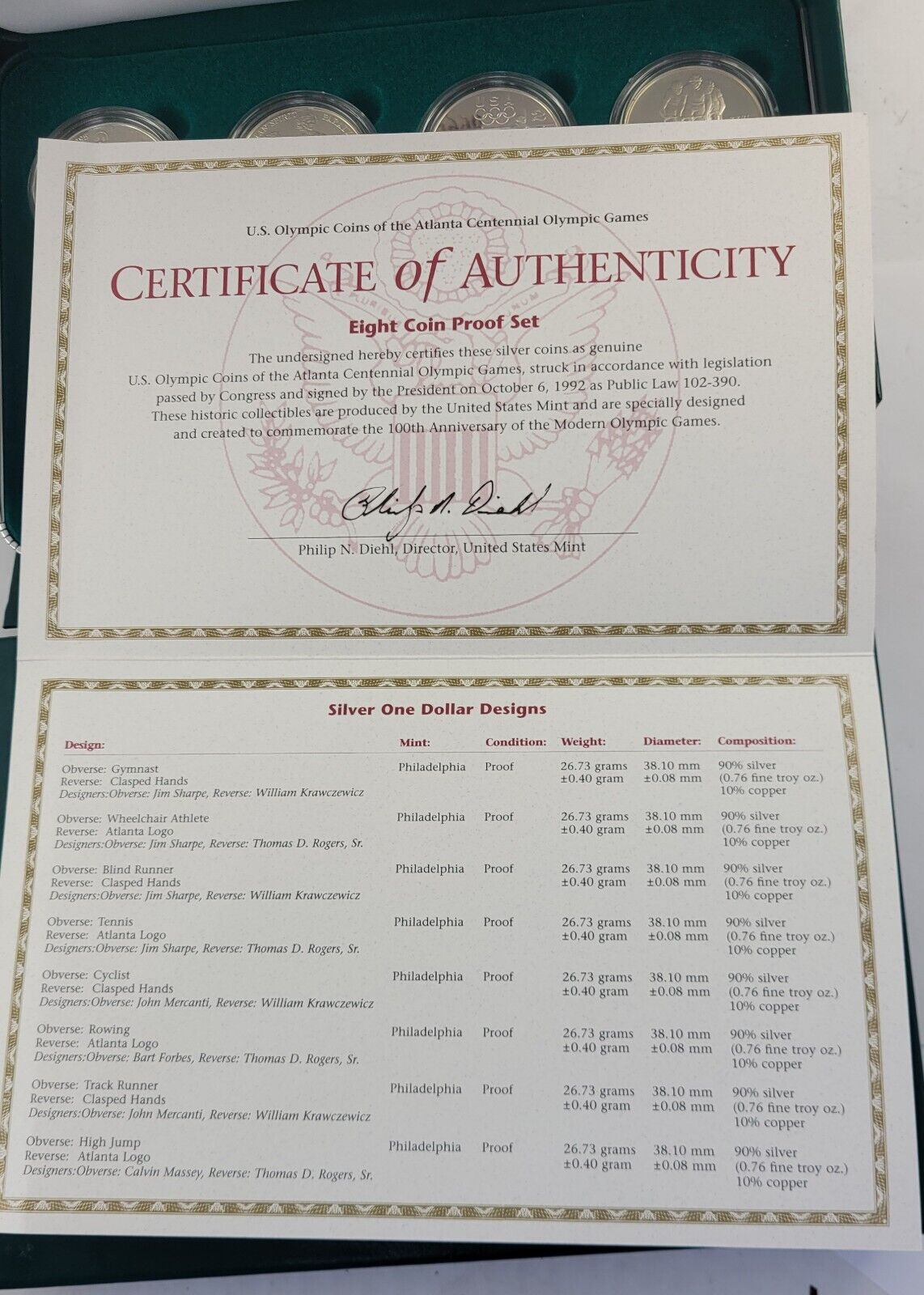 1996 US Olympic Atlanta Centennial Olympic Games 8pc Proof Set w/ Box & COA