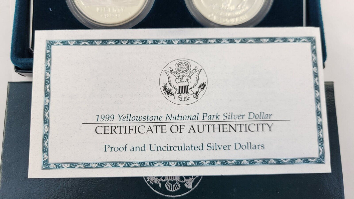 1999-P Yellowstone National Park Silver Commemorative Program 2 Coin Set Boxed