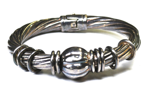 Sterling Silver Hollow Hinged Bar Ball Slider Bangle Bracelet 15mm 7" Wrist