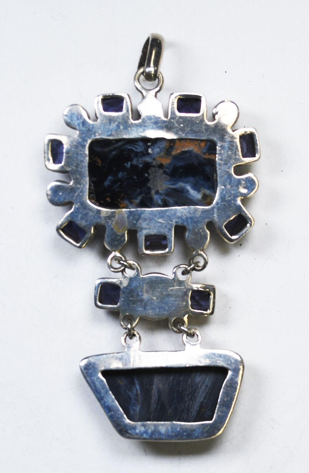 Sterling Silver Blue Tiger's Eye Amethyst Pendant 3.5" x 46mm