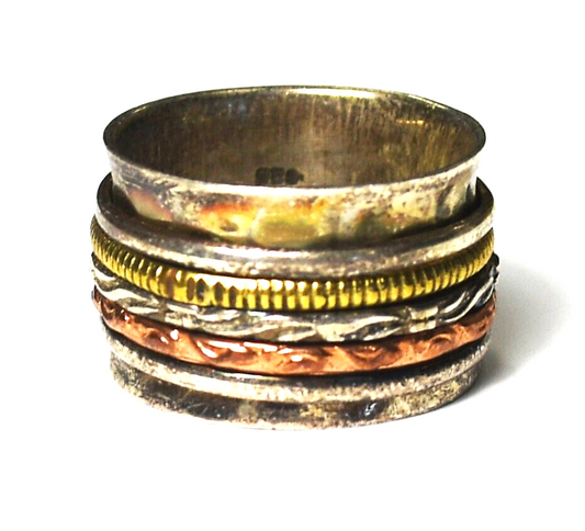 Sterling Silver Hammered 5 Spinner Band Ring 14mm Size 9