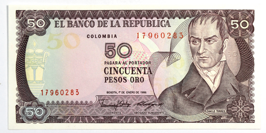 1986 50 Fifty Pesos Colombia Banknote Uncirculated 17960283