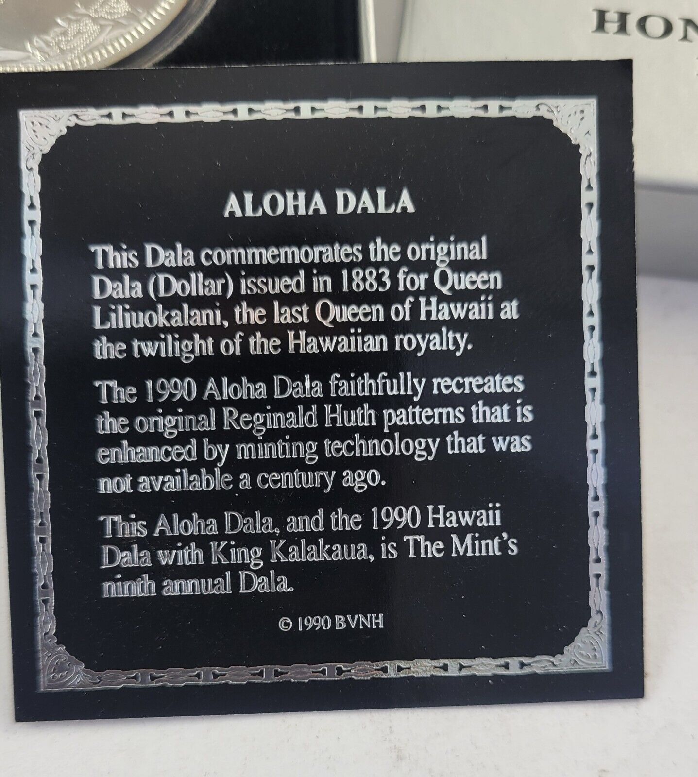 1996 Aloha Dala Queen Liliuokalani RHM Mint 1oz. Fine Silver .999 Boxed w/COA