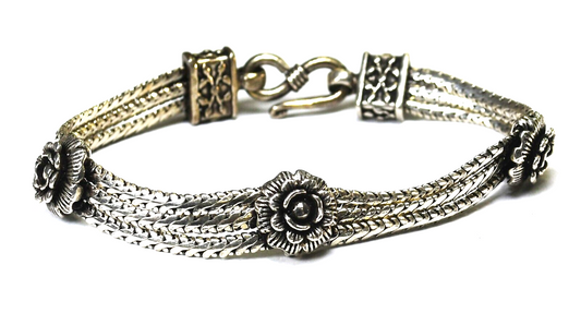 Sterling Silver Triple Franco Chain Flower Bracelet 11mm  7.5"