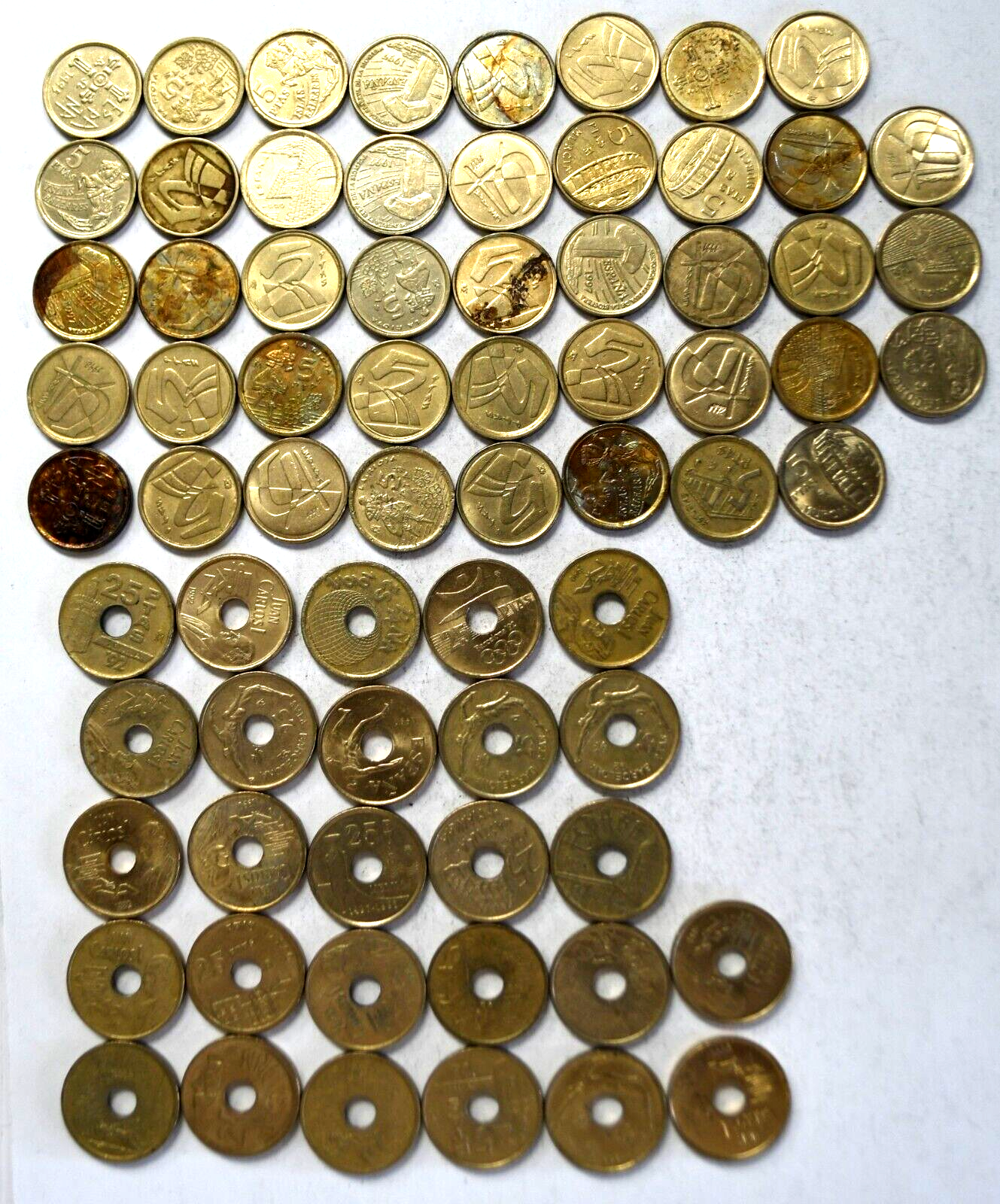 70pc Spain 27 Twenty Five 25 Pesetas & 43 Five 5 Pesetas Coins Lot 1989-2000