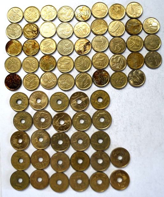 70pc Spain 27 Twenty Five 25 Pesetas & 43 Five 5 Pesetas Coins Lot 1989-2000