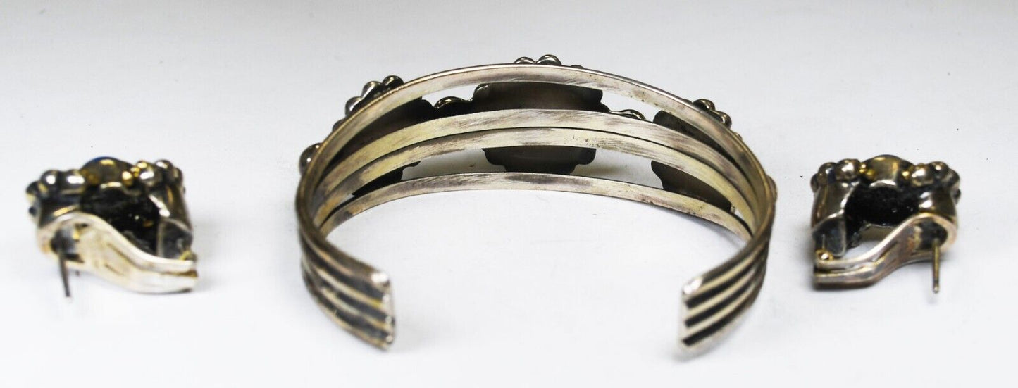 Sterling Blue Howlite Dot Halo 4 Bar Cuff 20mm Bracelet & Earrings 7" Wrist