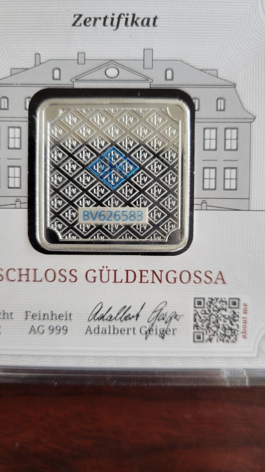 50 gram Silver Bar - Geiger Edelmetalle Original Square Series Germany Encased