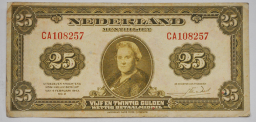 1943 Netherlands 25 Gulden Twenty Five Olive Green Note Currency