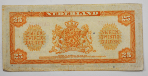 1943 Netherlands 25 Gulden Twenty Five Olive Green Note Currency