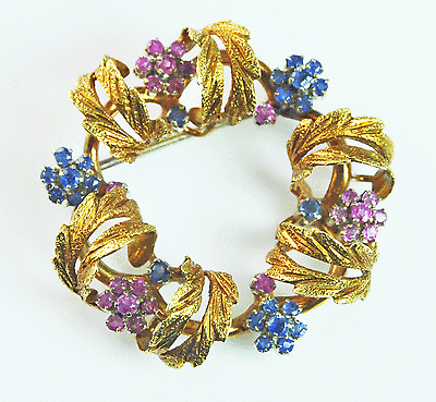 Beautiful Antique 18k Pink & Blue Mine Cut Sapphire Floral Wreath Brooch Pin 15g