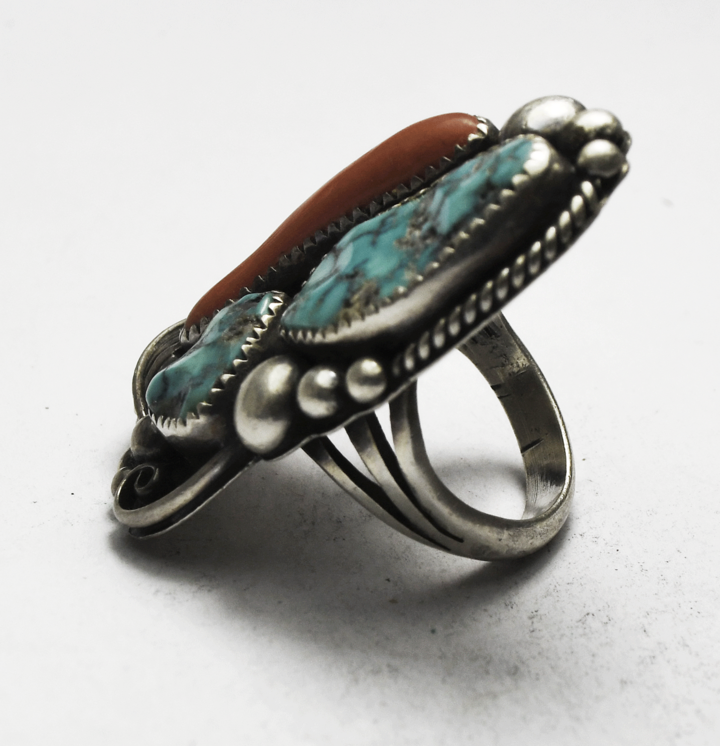 Sterling Silver Orville Tsinnie Turquoise & Coral Ring 47mm Size 8-1/2